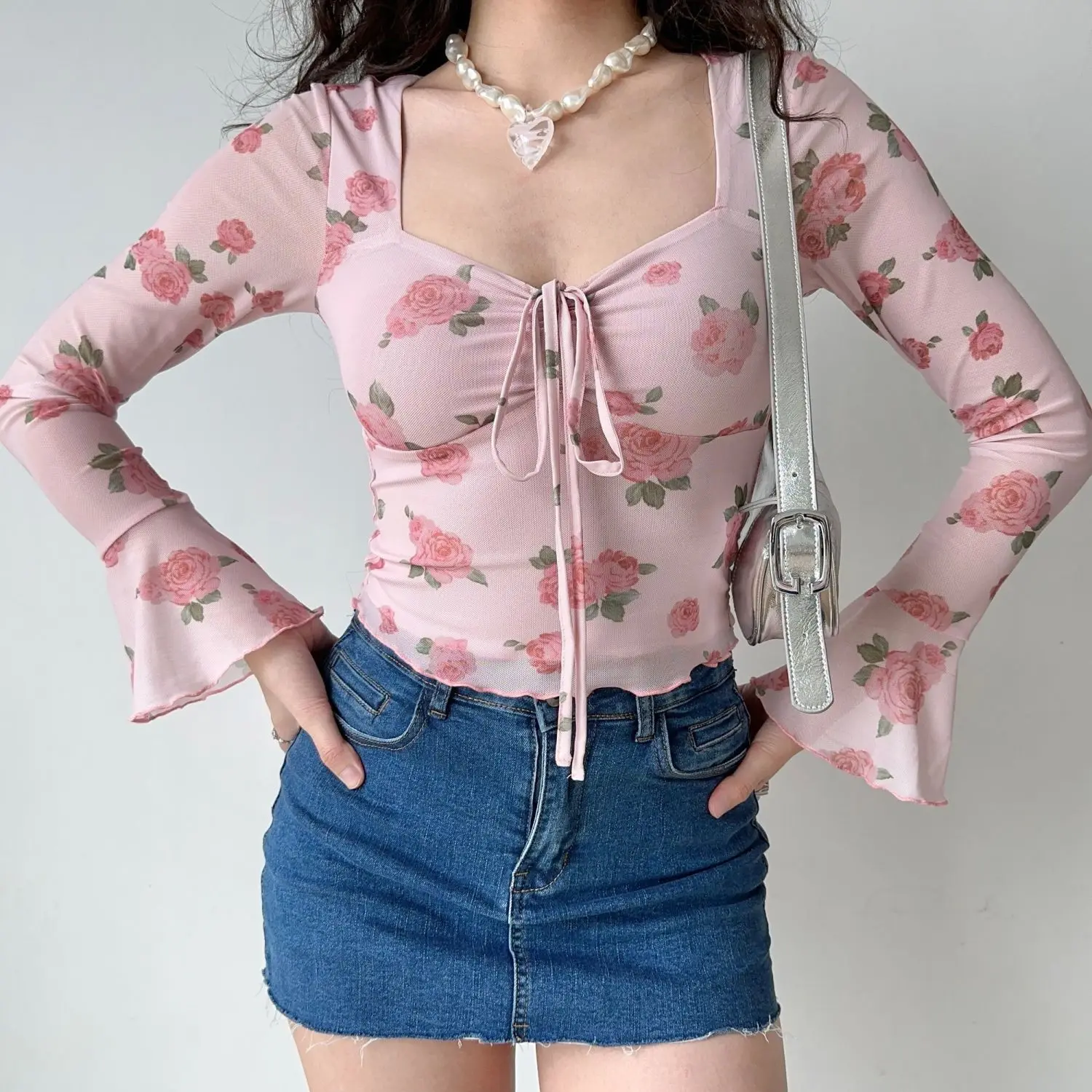 Sweet Net Yarn Patchwork Women Summer Flower Printing Pagoda Sleeve Square Neck Slim Long Sleeved Affordable All-match Tops