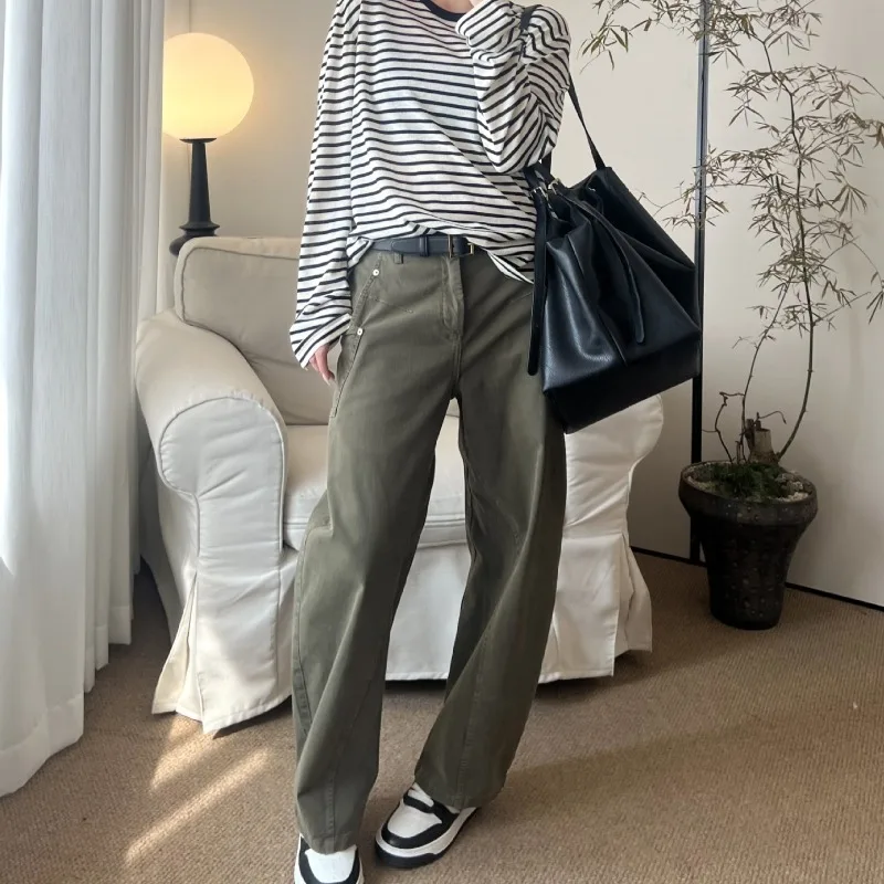 Early Autumn Green Cotton Work Pants Sickle Pants Casual Pants