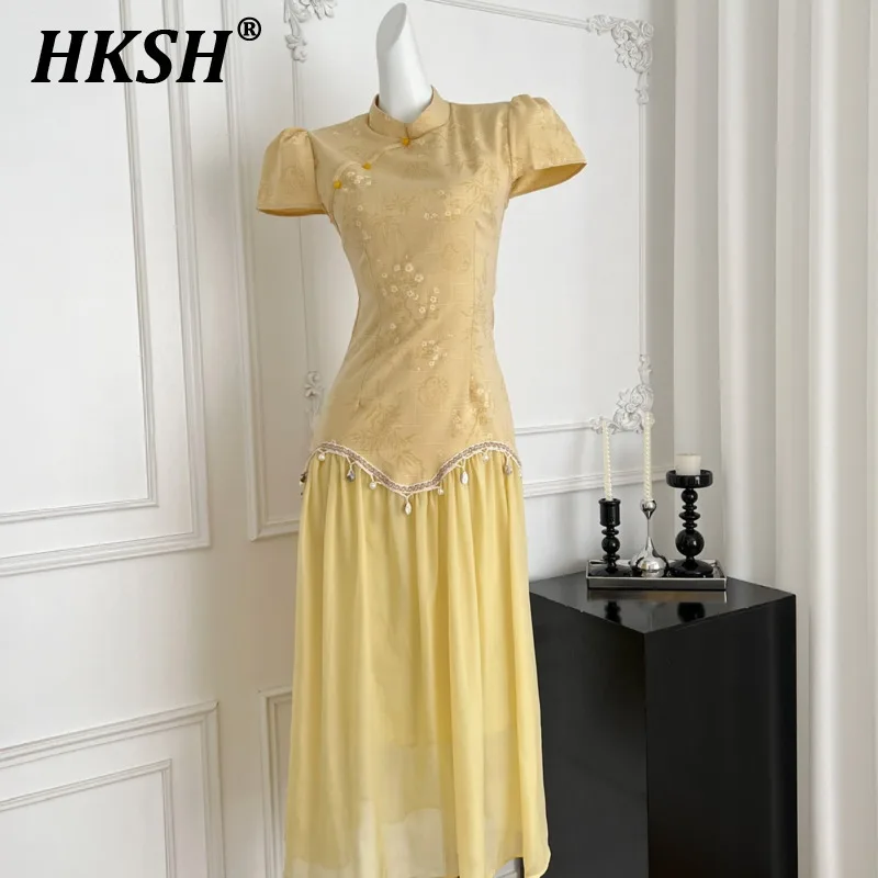 

HKSH Summer New Women's Tide Trendy High Street Printed Patchwork Fake Two-Piece Dresses Waist Cinching Elegant Cheongsam HK6029