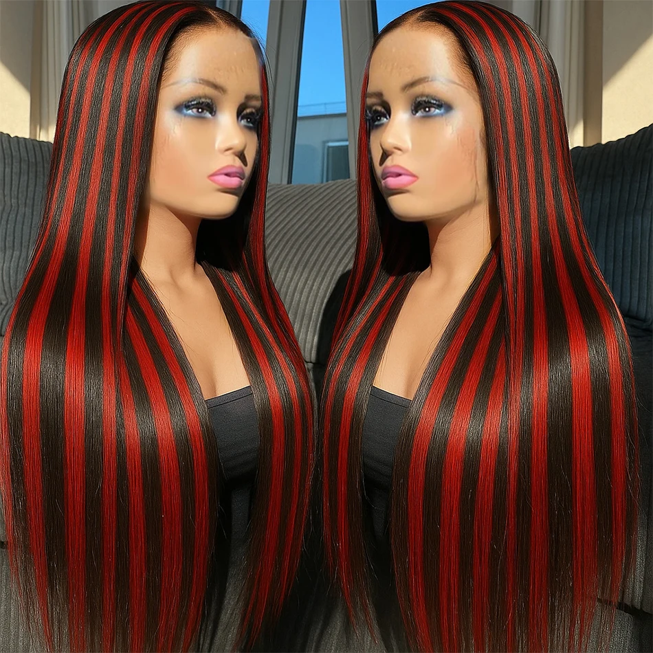 

Highlight Straight 1B/99J Red Black Color Human Hair 5x5 Glueless Wig Human Hair Ready To Wear Closure Wig Burgundy Colored Wigs