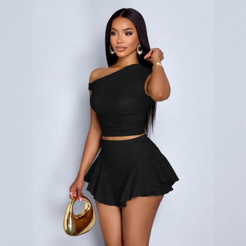 Women's Off-Shoulder Two Piece Set - Asymmetrical Skort & Top with Secure Design, Elegant Resort Wear Outfit
