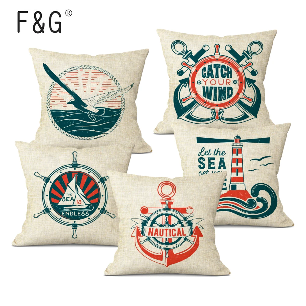 

Navigation Navy Anchor Cushion Cover Sea Lighthouse Seagull Decorative Pillows Cover Linen Home Cojines Decorativos Para Sofa