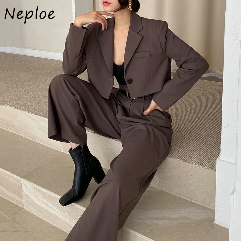 Neploe Fahion Ladies Pant Suit Donna Abbigliamento interno Gilet + Giacca con bottone singolo + Pantaloni a gamba larga a vita alta 2024 Nuovo 3