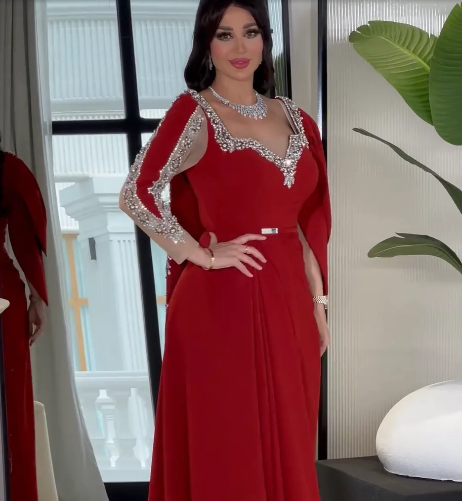 Red Mermaid Prom Dresses Long for Women 2025 Beading Crystal A Line V Neck Formal Evening Gowns Customized image 2