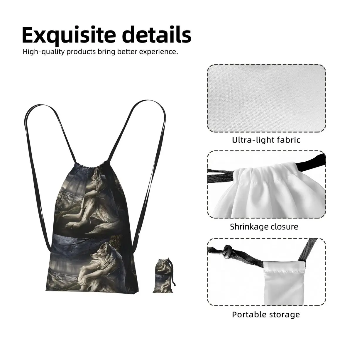 Emo White Wolf Sitting Sad Meme Drawstring Backpack Sports Gym Bag Portable Travel Drawstring Bag for Men Women