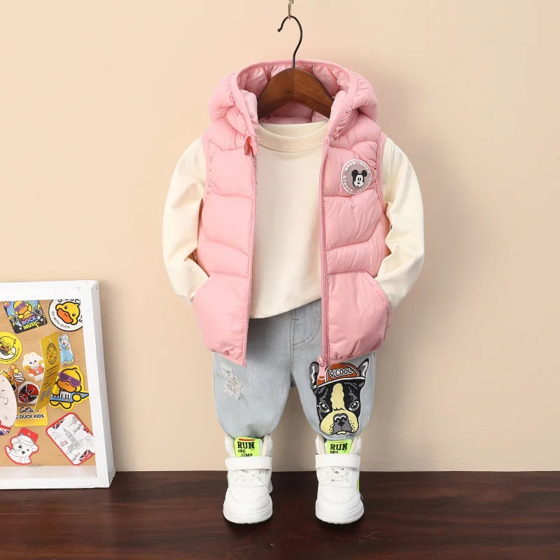 New Autumn Cartoon Mickey Mouse Boys Down Vest Winter Baby Bright Hooded Waistcoat Cotton Outerwear Kids Jacket Children Clothes