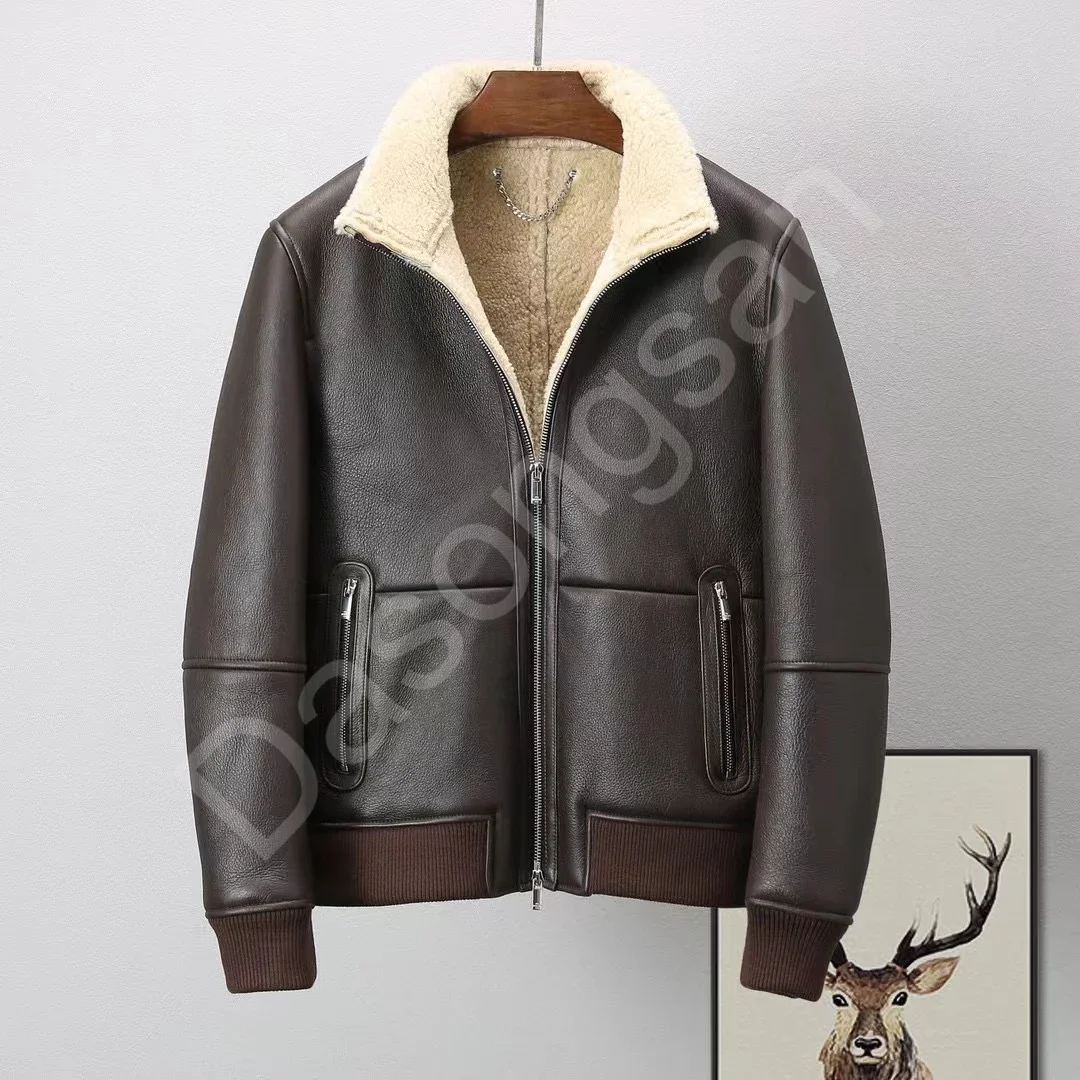 2022Hot Sale Long Sleeve Pu Leather Men's Jackets & Coats New Design Winter Combined Fabric Zipper Lamb Leather Biker Jackets