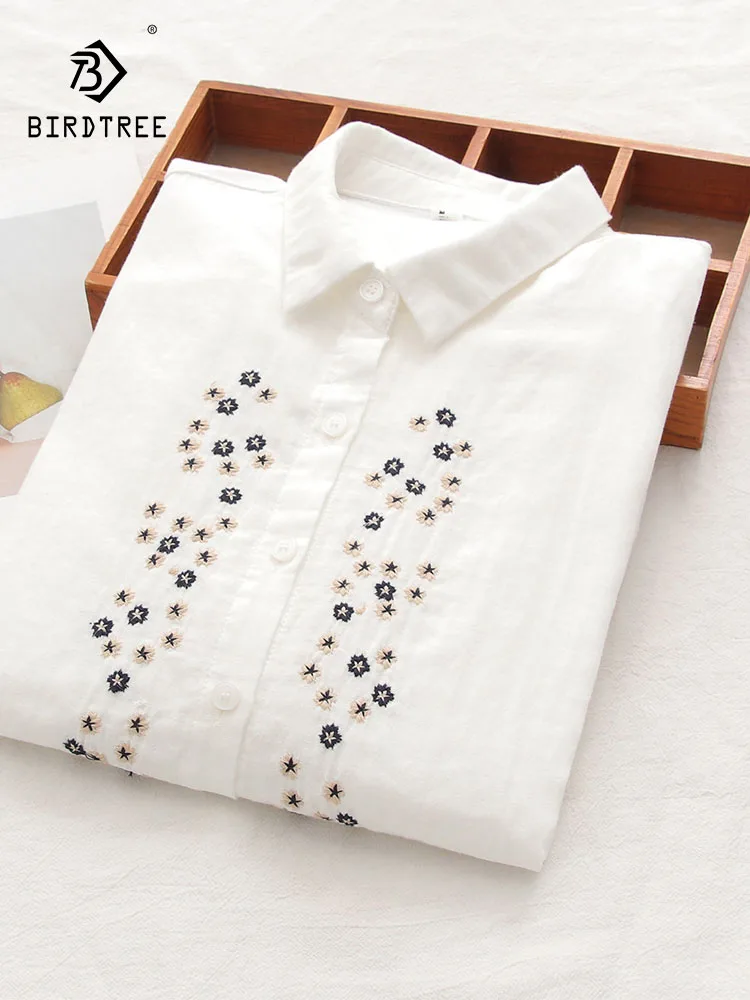

New 2025 Autumn Cotton Yarn Long Sleeve Shirt, Women Turn-down Collar Embroidery, Mori Girl Retro Soft Loose Blouse T58318CC