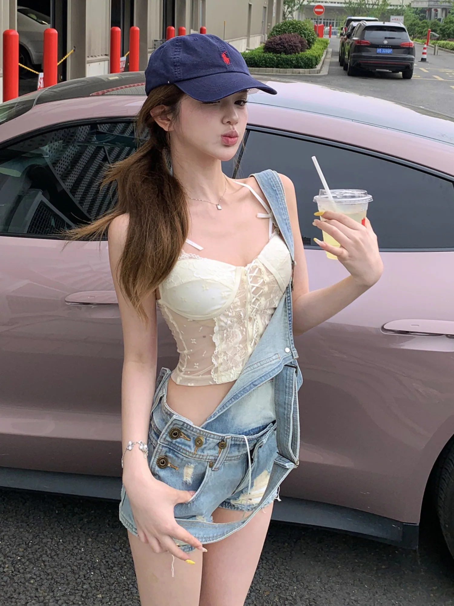 

Роскошный сексуальный кружевной топ в стиле ретро для девочек, женский комплект Pure Desire, милый джинсовый комбинезон, модный летний наряд