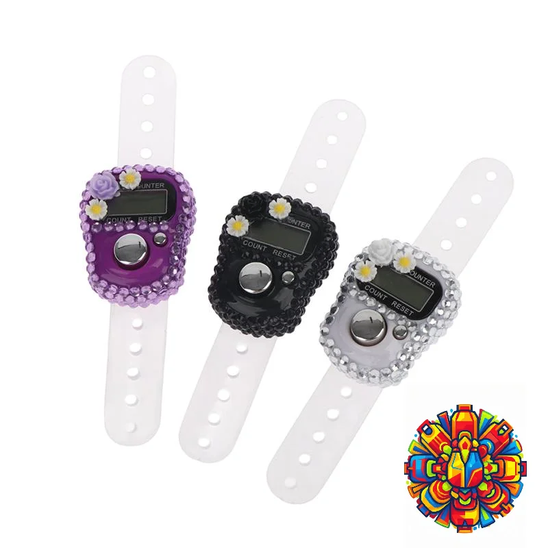 6 Colors Sparkling Rhinestone Flower Finger Counter Resettable Clicker for TASBIH Knitting School Event Use