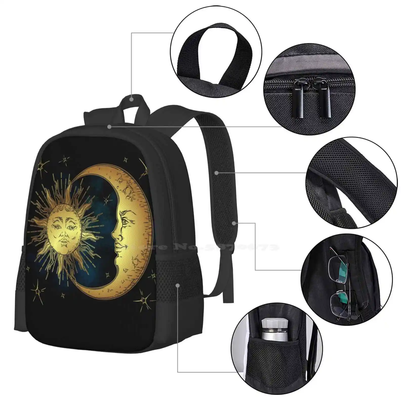 The Sun , Moon And Stars Fashion Pattern Design Travel Laptop School Backpack Bag Sun Moon Stars Night Sky Celestial Mystic