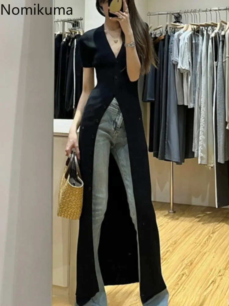 Maxi Dresses for Women Black Temperament Robe Femme Fashion V-neck Short Sleeve Knitted Tunic Dress 2023 Vestidos De Mujer 7k132