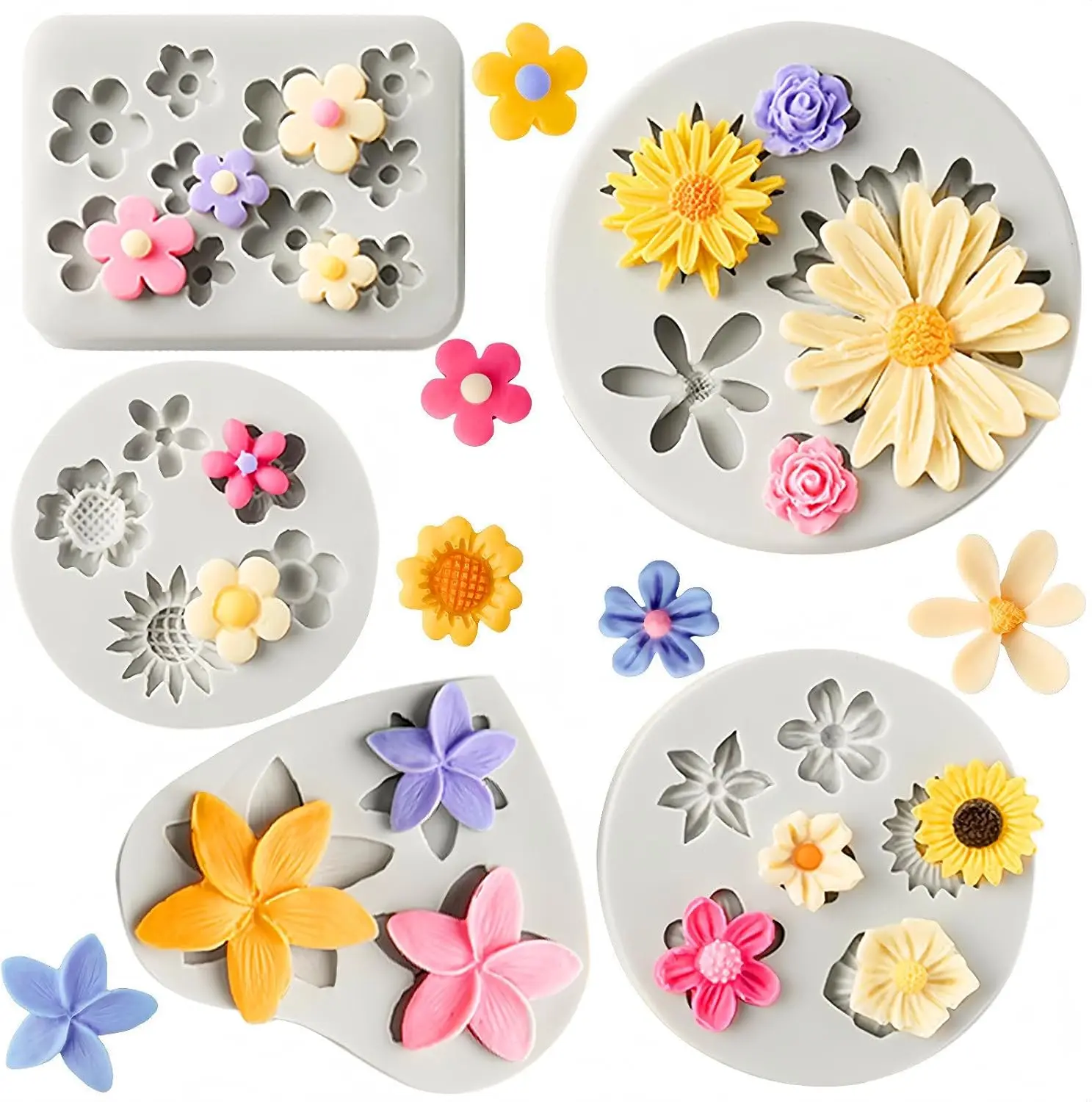 

5PCS Silicone Flower Molds, Non-Stick Daisy Sunflower Fondant Chocolate Molds for Dessert Cake Decorating, Cupcake Topper, Cake Pop, Candy