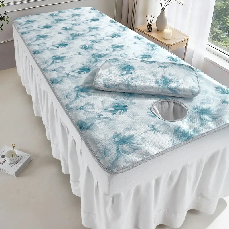 Ice Silk Cooling Printed Beauty Salon Massage Bed Mat Summer Breathable with Face Hole Design Luxury SPA Salon Use Washable