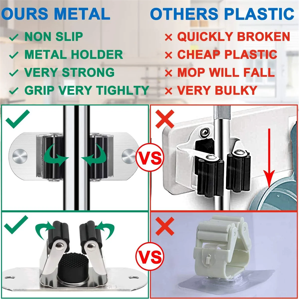 Mop and Broom Holder 4Pcs Mop and Broom Holder Wall Mount Heavy Duty Stainless Steel Broom Holder Broom Organizer Garden Garage - view 4