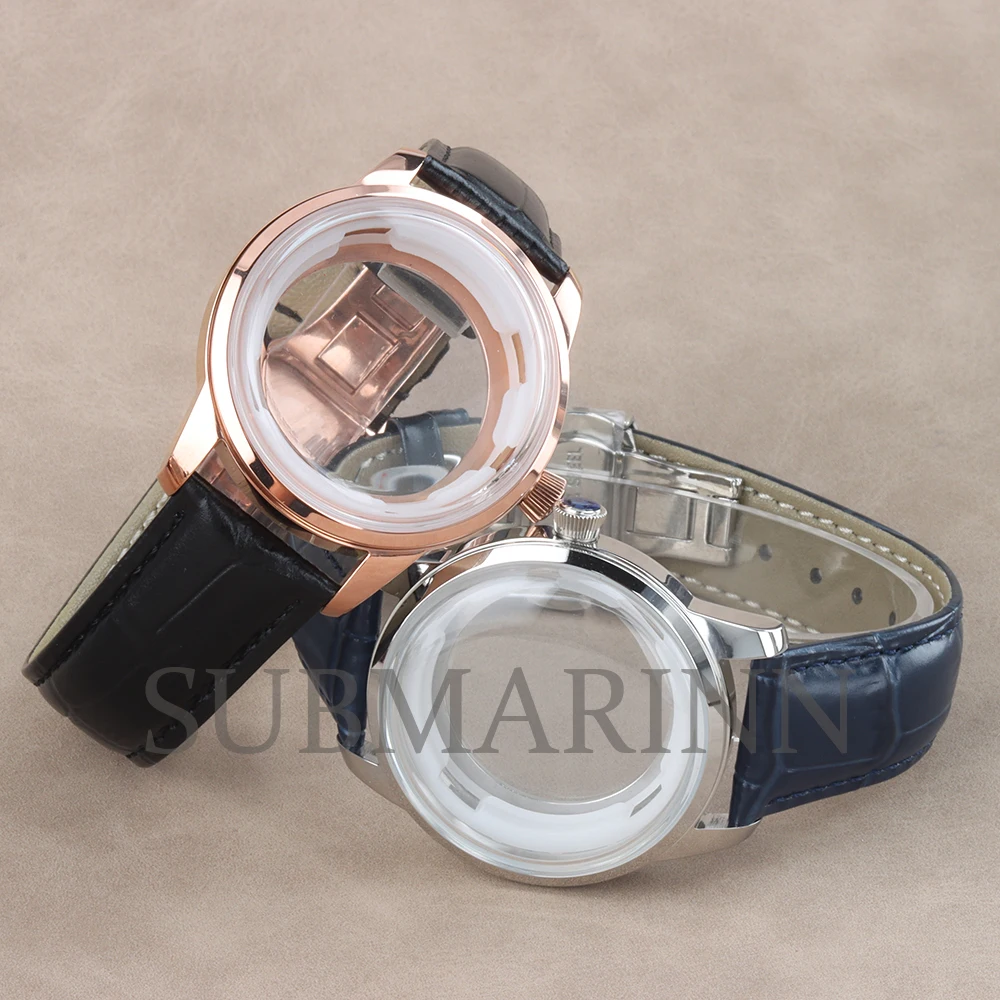 Rose Gold/Silver 40mm Men's Case Arched Glass 316L Stainless Steel 20MM Leather Strap For Cocktail NH35 NH38 Movement 35mm Dial