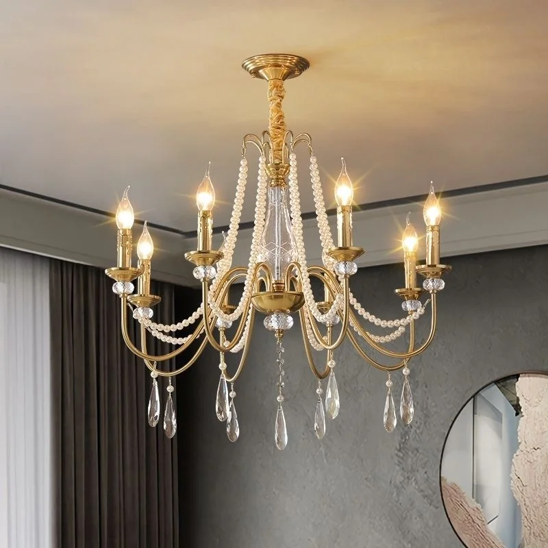 French Luxury Crystal Chandelier Vintage Candle Pearl Pendant Light for Foyer dining room hotel hall Hanging Lights Home Decor