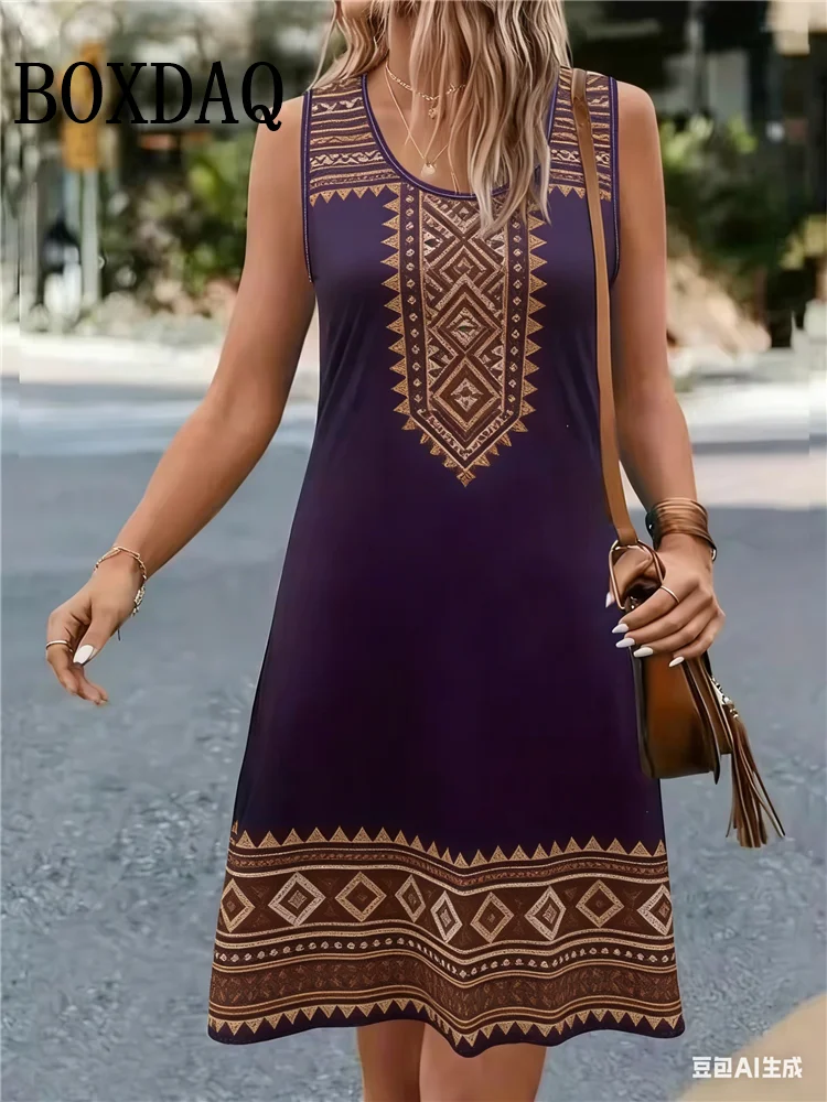 

Летнее пляжное платье-сарафан без рукавов в стиле ретро, повседневное, А-силуэт, женское, в этническом стиле, с 3D-печатью, свободное, с круглым вырезом