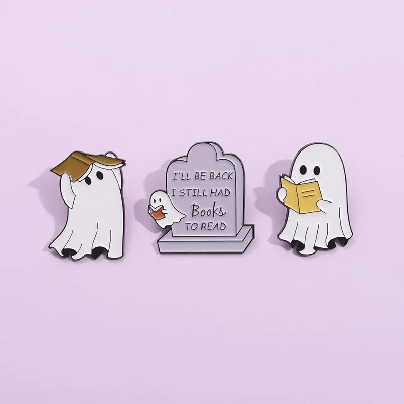 Ghost Bookworm Enamel Pin Cute Boo I Still Had Book To Reading Brooch Lapel Badge Halloween Festival Jewelry Kids Gift Wholesale