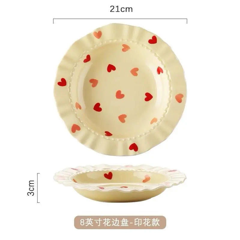 Cream Love Heart Lace Plate 8.5inch French Cake Dish Straw Hat Deep Plate Ceramic Salad Plate Dinner Dish Cutlery Tableware