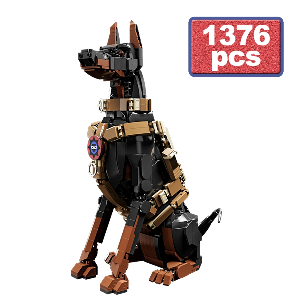 Stad Doberman Politiehond Model Bouwstenen MOC Mechanisch Creatief Simulatie Dierenbouwstenen Educatief Speelgoed DIY Cadeaus