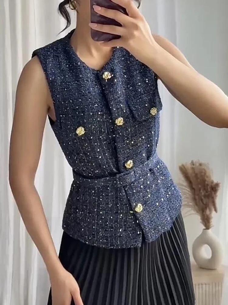 Talenza Women Fashion Tweed Belt Waistcoat O Neck Single Breasted Sleeveless Vests Spring Summer Office Lady Outerwear Chic Tops