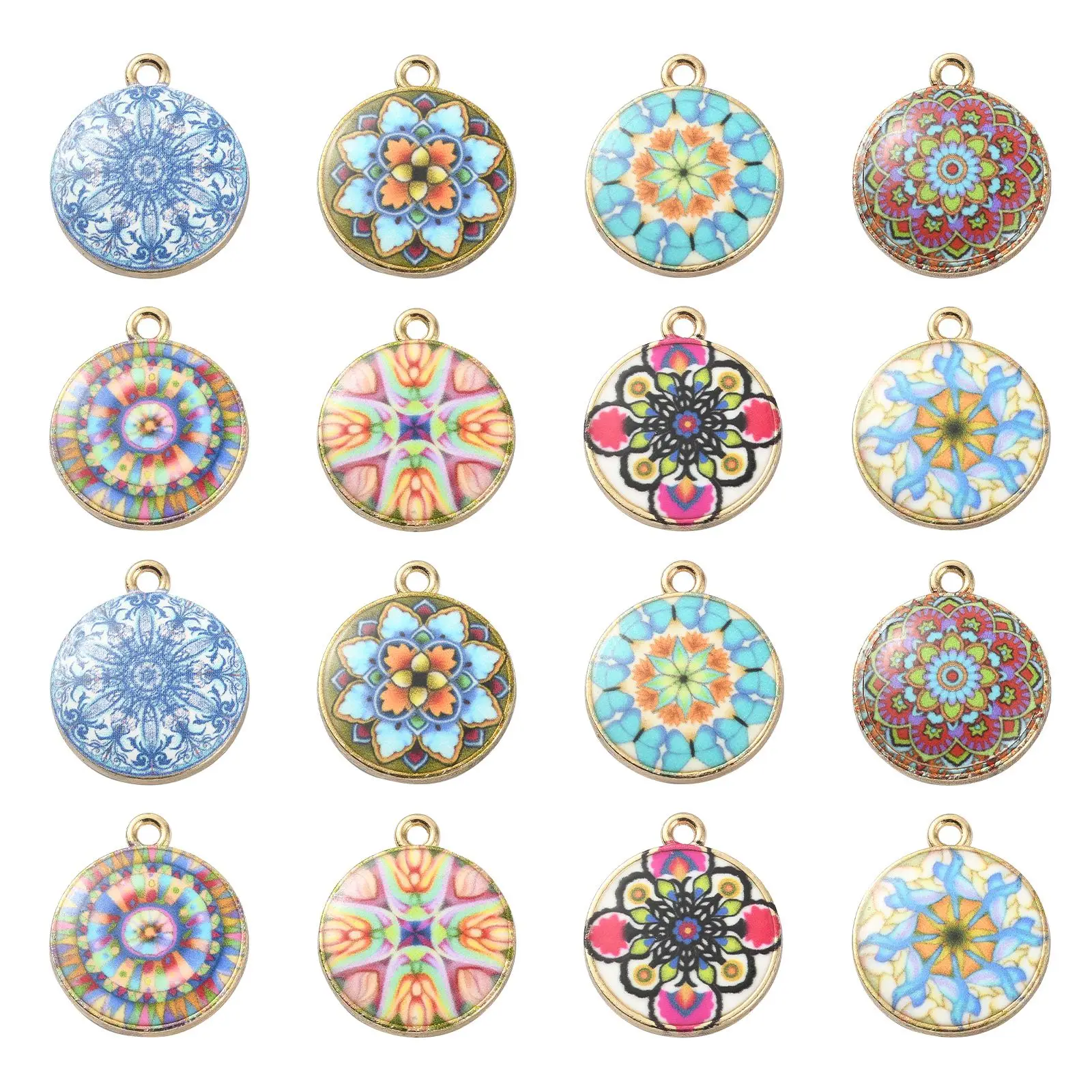 PandaHall 40Pcs 8 Styles Enamel Flower Charms Flat Round Charms with Flower Patterns Round Flower Charms for Crafts DIY Making