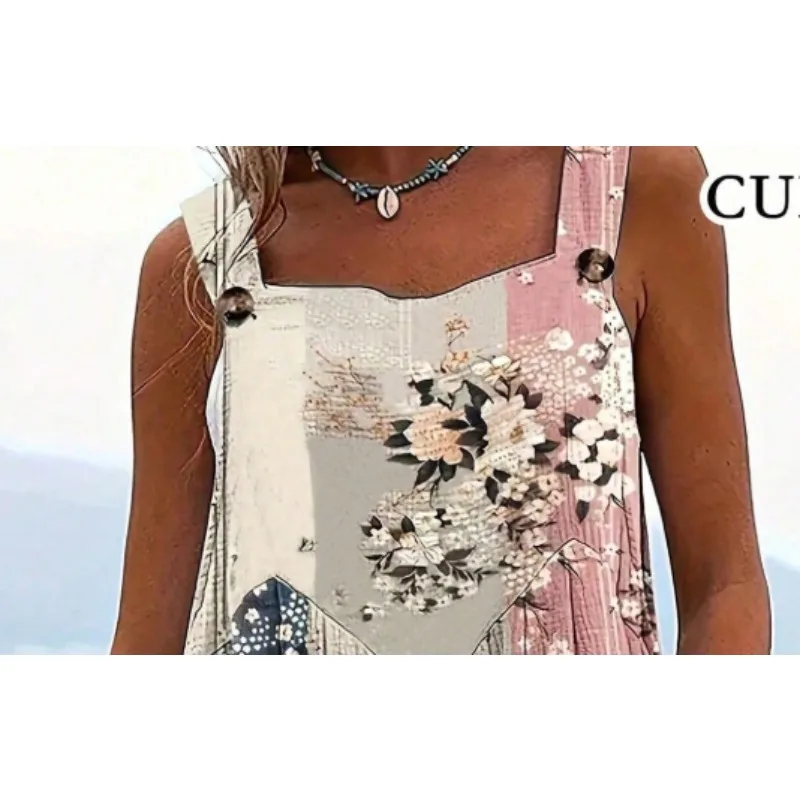 จั๊มพ์สูทไซส์ใหญ่สำหรับผู้หญิง ลายพิมพ์ชายหาด สไตล์หลวมๆ มีกระเป๋า สายเดี่ยว จั๊มพ์สูทขาสั้นลายพิมพ์สไตล์เรโทร