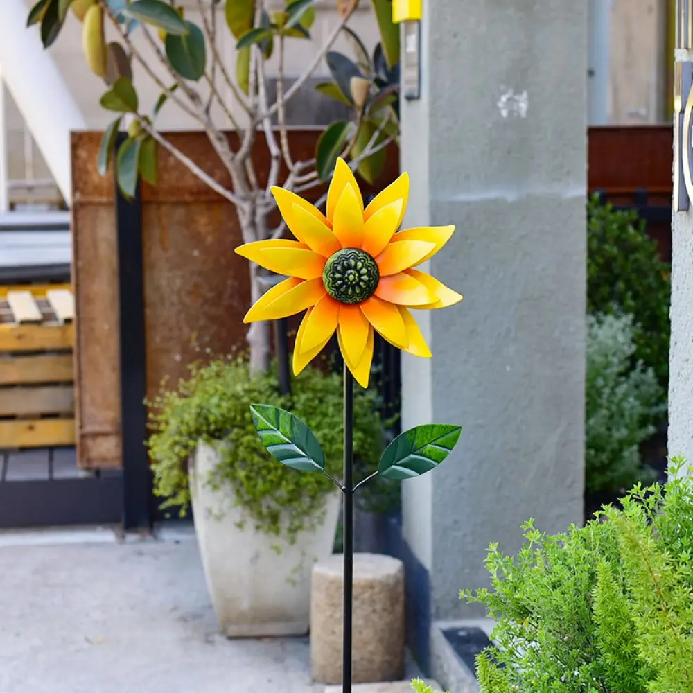 Decorative Metal Sunflower Windmill Garden Stake Kinetic Sculpture Outdoor Yard Lawn Art Ornament Patio Supplies
