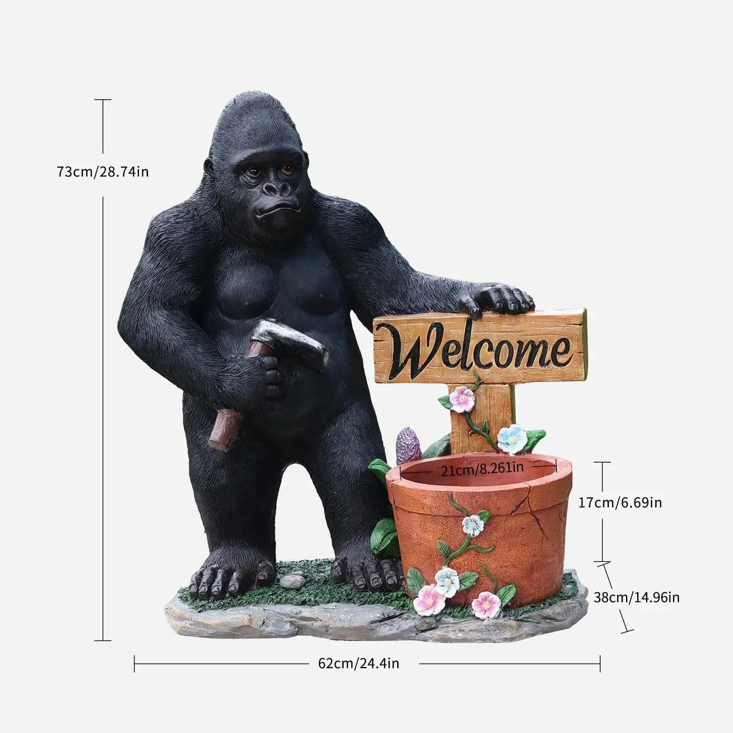 Gorilla Statue Welcome Sign Planter - 29 Inch Large Resin Ape Sculpture Flower Pot, Outdoor Garden Decor for Patio Yard Porch La