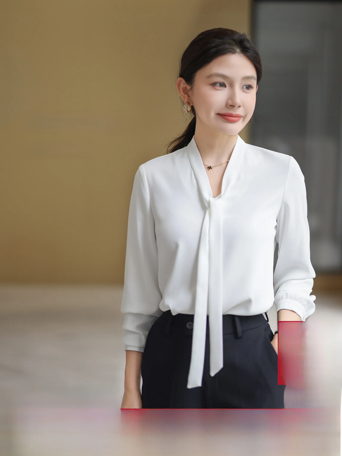 

Ele Commute irt Women's Anti-Wrinkle Satin Long Sve V-Ne Tie Detail White Profional Office Wear Polyester Fiber