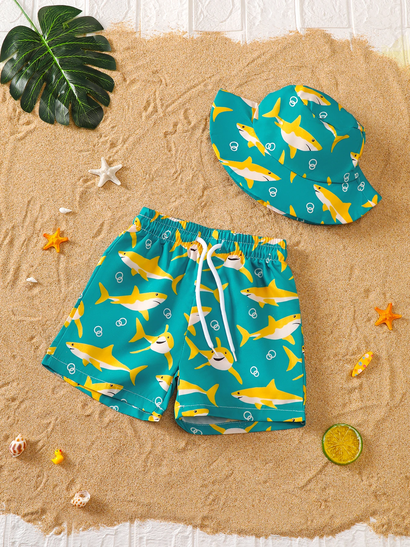 Baby Boys Summer Shark Print Beach Shorts Set with Hat Full Print Shark Design Beachwear for Toddlers
