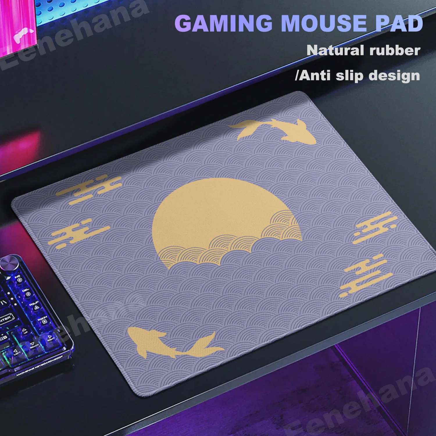 Purple & Gold Koi Fish Mouse Pad Aesthetic Sun Cloud Deskpad Small Gaming Deskmat Rubber Office PC Mousepad E-Sports Mousemat