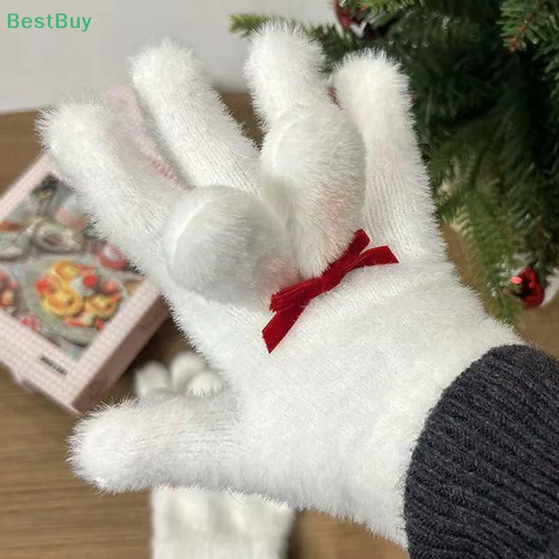 1 pair  Cute Plush Cold Proof Rabbit ear five-finger gloves