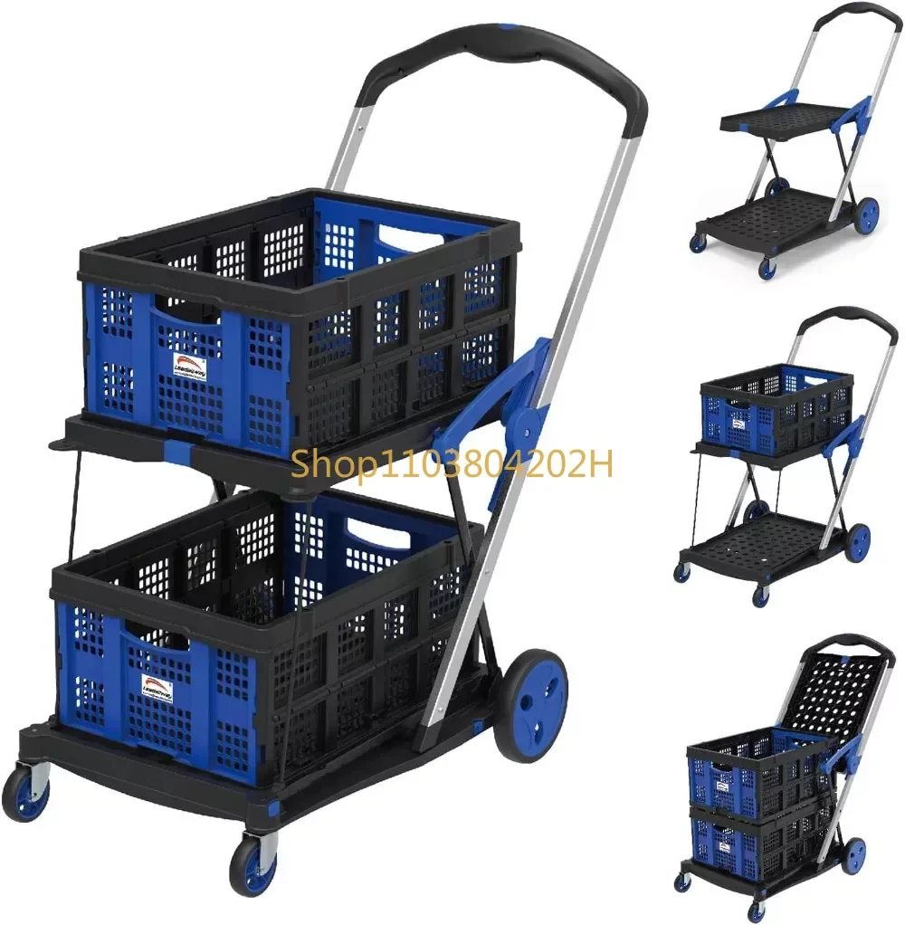 Grocery Shopping Cart with 2 Storage Crates Multi Use Functional Collapsible Carts Blue