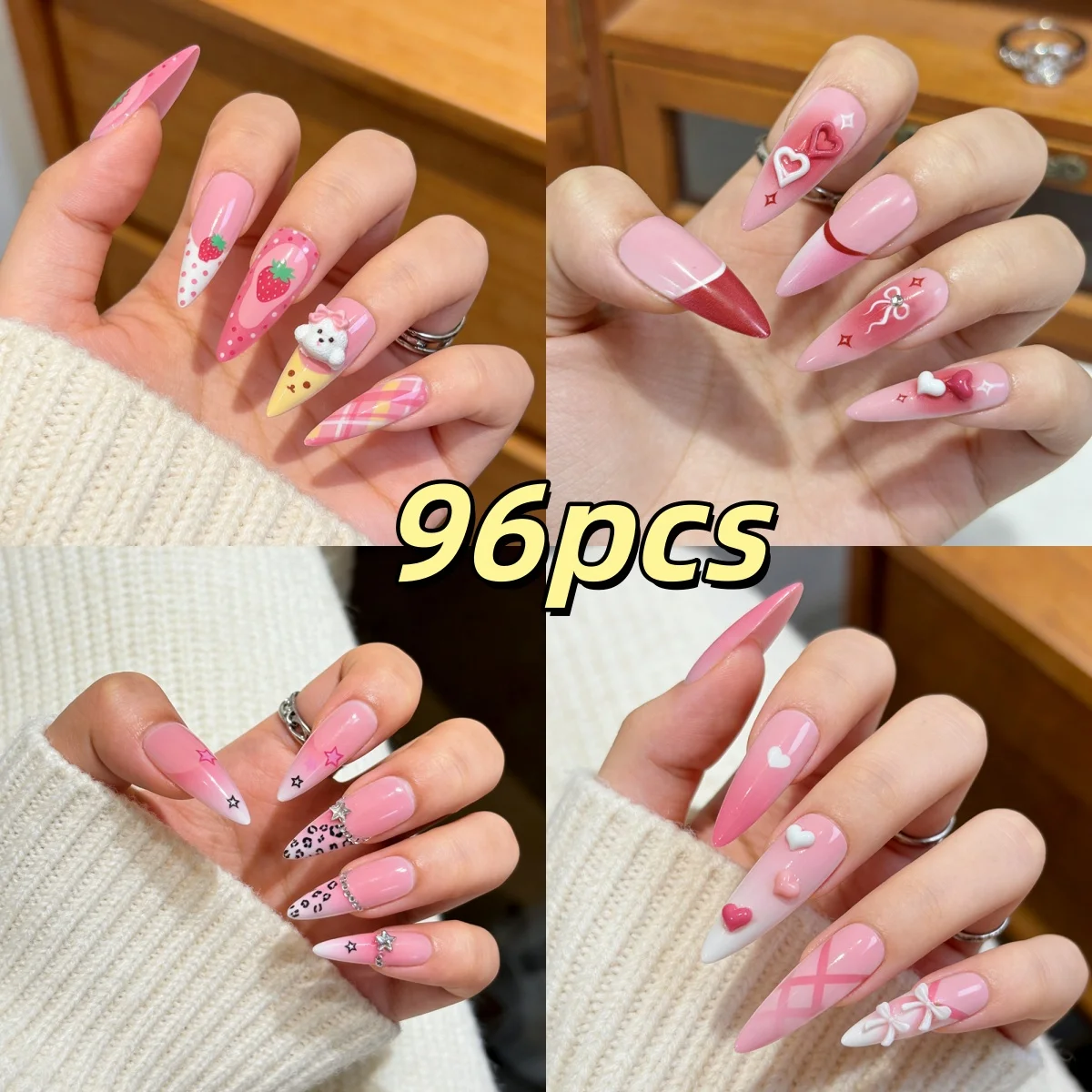96pcs Kawaii Pink Strawberry Doll Press On Nails Long Stiletto Heart Leopard Fake Nail Birthday Party Sweet Girl Outfit Manicure