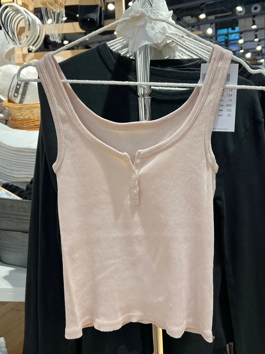 Sweet Pink Ribbed Basic Crop Top Women Summer Three Buttons Sleeveless Cotton Casual Cropped Vest Simple Slim Tank Tops Y2k