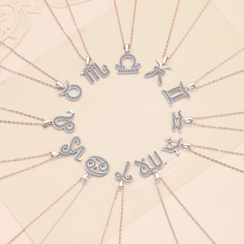 Butterflykiss Moissanite 925 Sterling Silver Necklace For Men/Women 12 Constellations Signs Pendant Fine Jewelry Birthday Gift