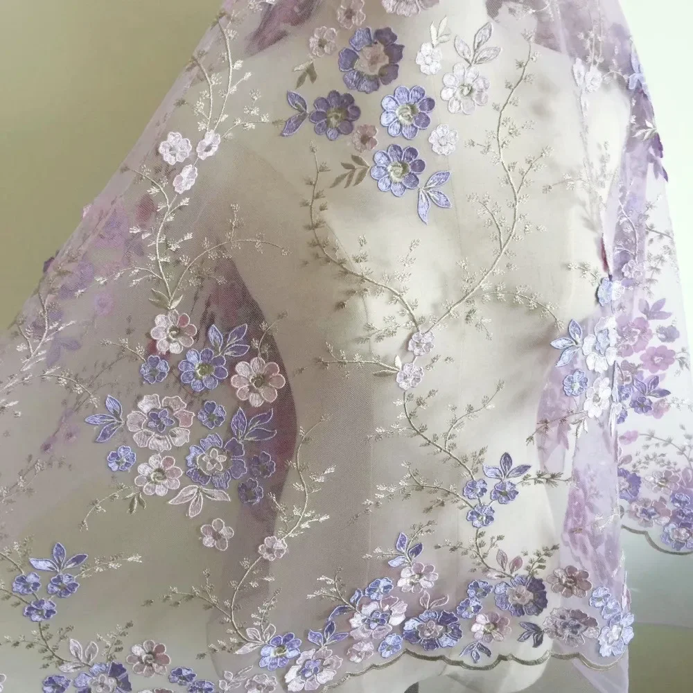 Multicolor lace fabric with 3D flowers for wedding dress, 4color, hand-decorated, DIY material