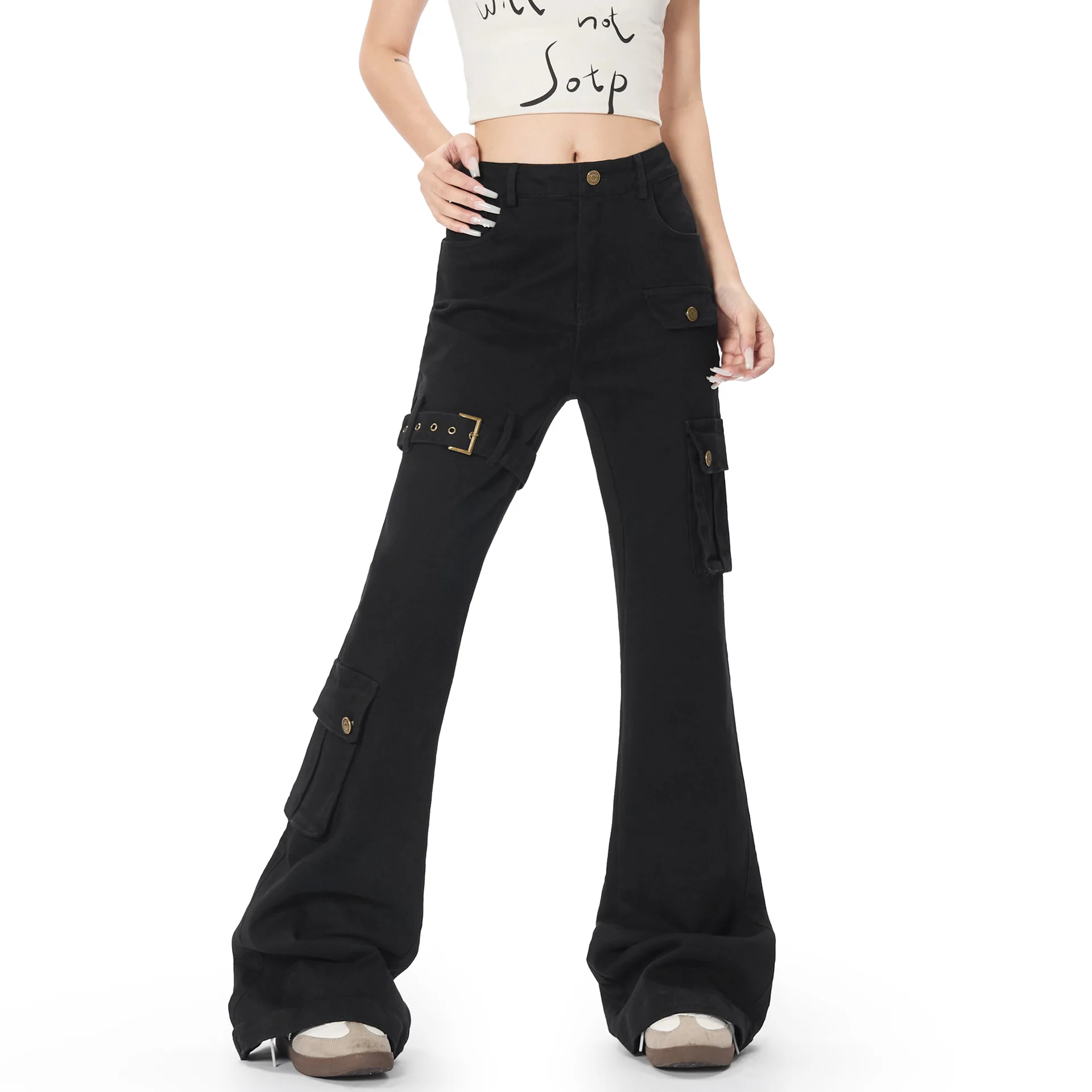 

Американские расклешенные брюки-карго для женщин, уличный стиль, с множеством карманов, облегающие, повседневные