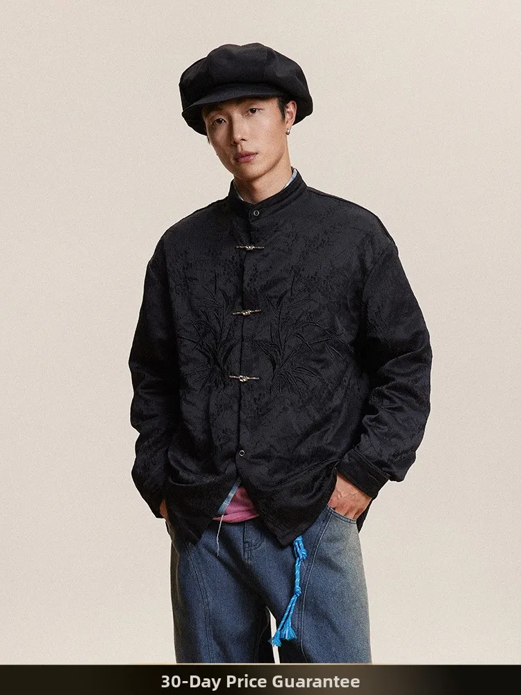 

New Chinese Sle Long Sve irt for Men with Bamboo Embroidery Aircrt Bule Zhongan Coat Autumn Outerwear