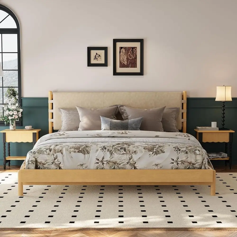 

King-Sized Premium Rubberwood Platform Bed with Beige Finish and Slat Support Included
