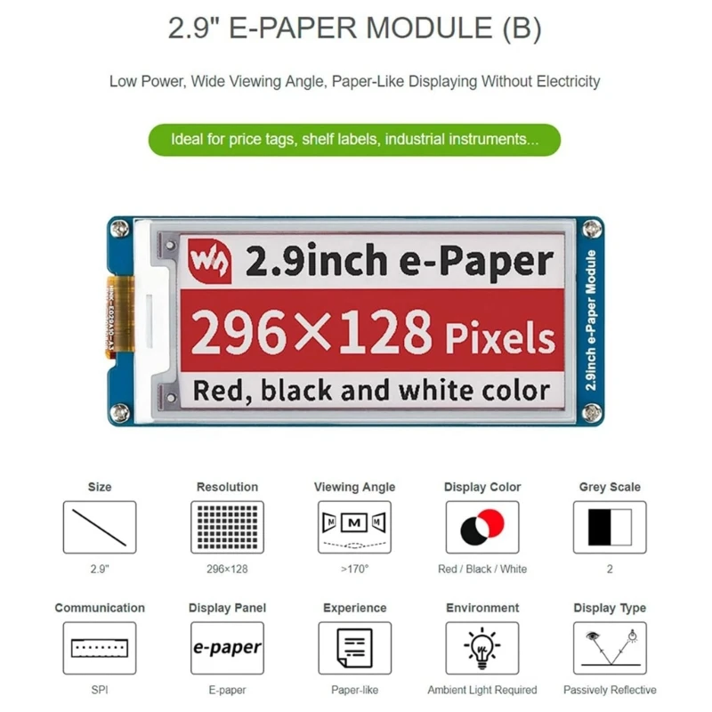 Модуль электронной бумаги 2,9 дюйма экран SPI 296 × 128 пикселей, трехцветный, красный, белый, черный, долговечный экран для Raspberry berrypi SPI E-Ink