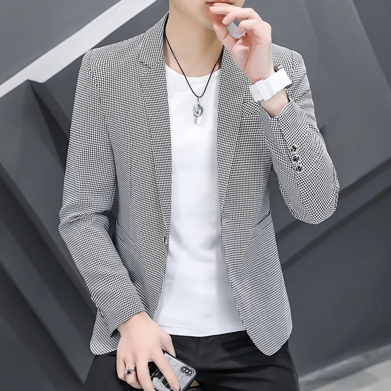 

2024 High Quality Korean Version Handsome Thousand Bird Lattice One Button Suit Jacket Autumn and Winter Casual Fashion Suit Top