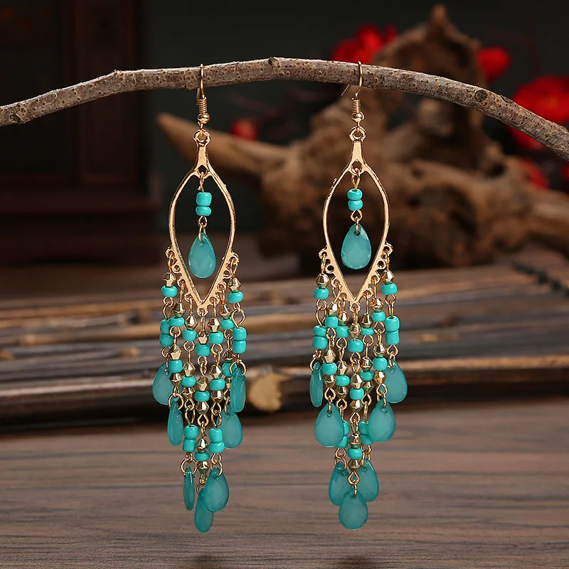 Boho-Ohrringe mit bunten, ethnischen Perlen für Damen, lange Ohrringe mit Kristallquasten, modischer Party-Schmuck für Mädchen – Detail 11
