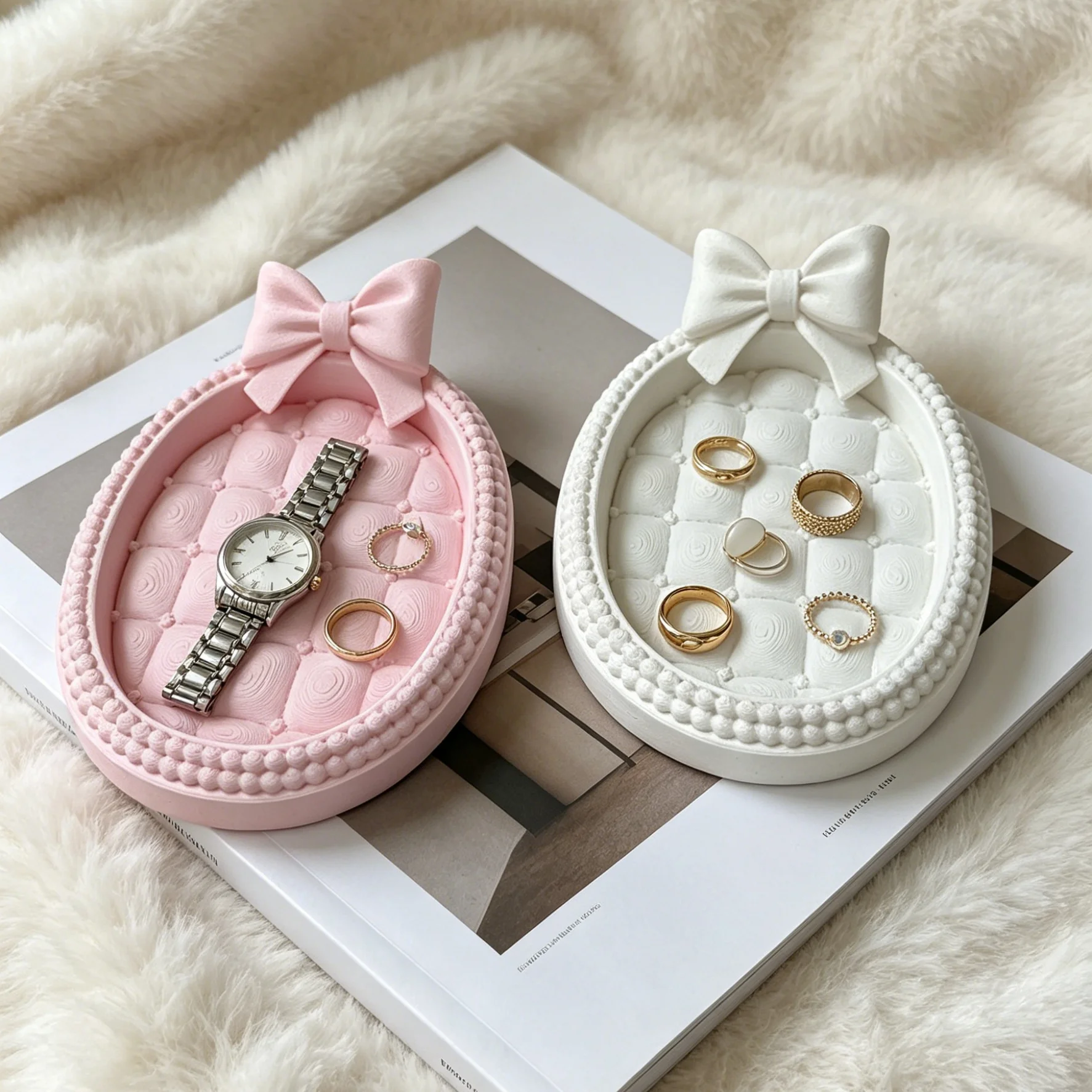 Bow Decor Jewelry Tray, Cute Oval Vanity Organizer, Pink & White Dresser Tray for Rings Earrings Necklaces Keys and Small Items view 2