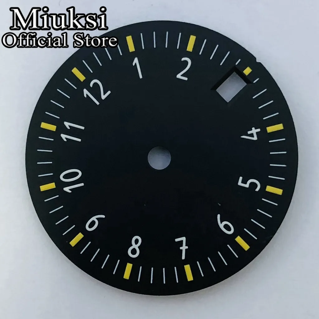 Miuksi 29mm black blue green white sterile watch dial luminous fit NH35 movement fit 3 o\'clock crown 3.8 o\'clock crown