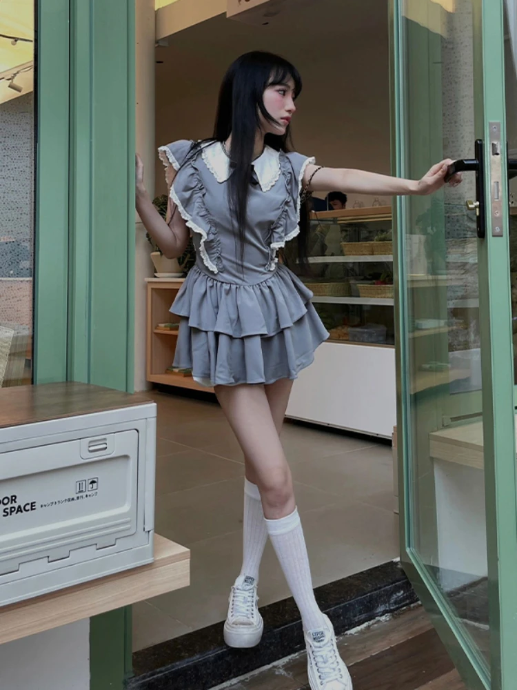 Sexy Dresses Women Hotsweet Panelled Lace Cake-skirt Korean Style Stylish Hipster Flying Sleeve High Street Summer Mini Chic New