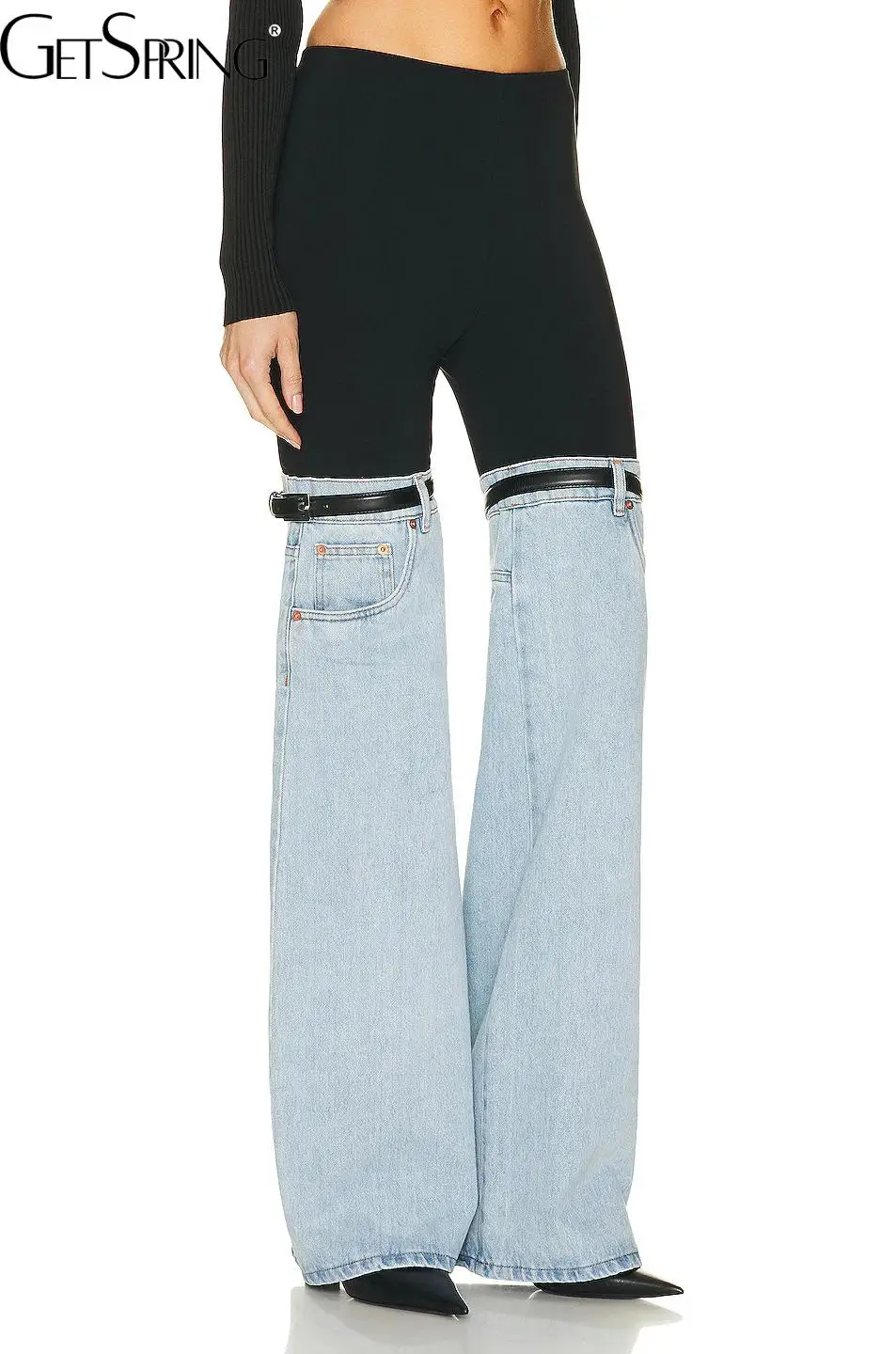 Getspring Women Pants Capris Jeans 2023 Spring Denim Stitched High Waist Straight Pants Fashion Long Ladies Trousers New Arrival