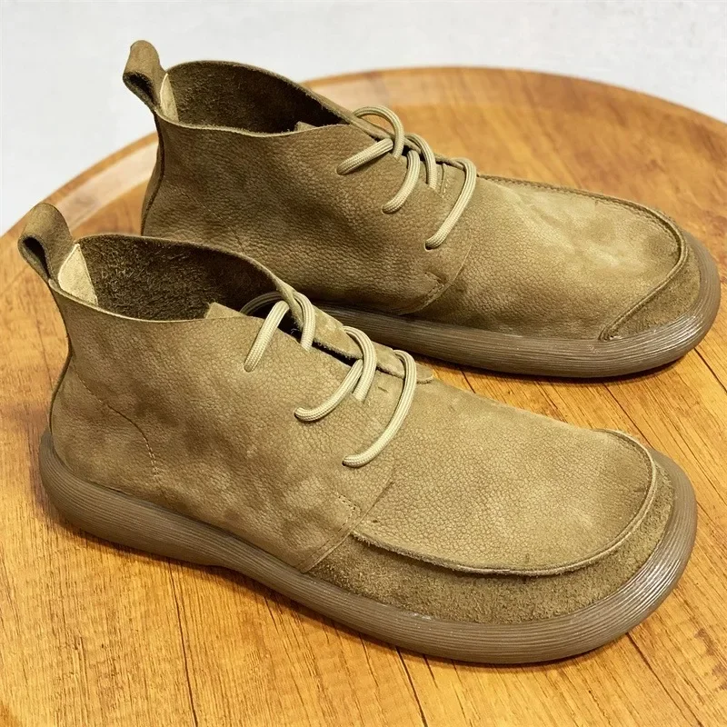 Wide Toe Barefoot Shoes Men's Boots 2025 Autumn New Cowhide Natural Real Leather Soft  Single Short Boots Shoes Suede